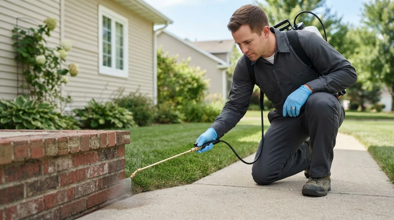 Pest control technician treating a home near Winfield, MO