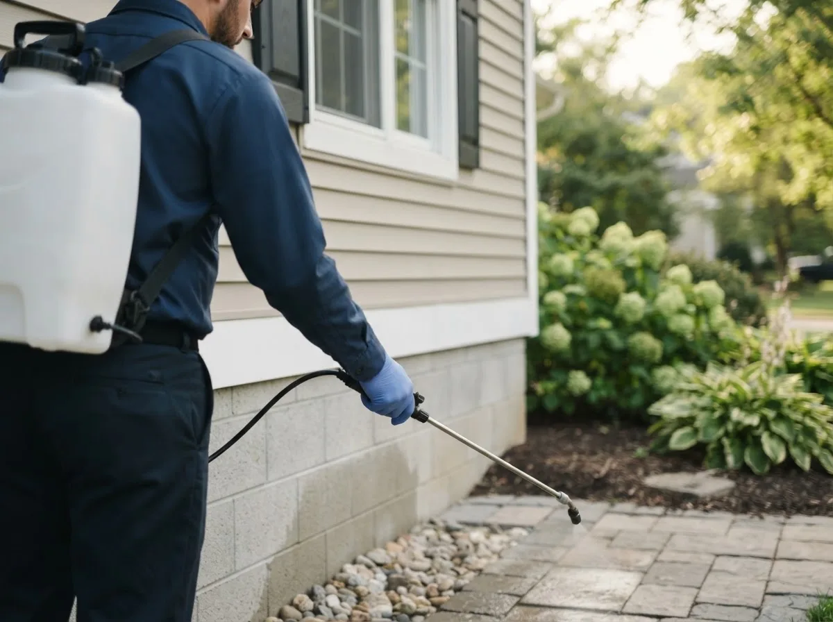 Pest control technician inspecting a home in Winfield, MO